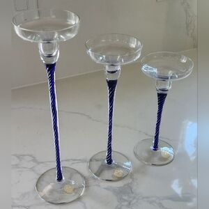 Crystal Cobalt Blue Stemmed Candlestick Holders Set Of Three Romania‎